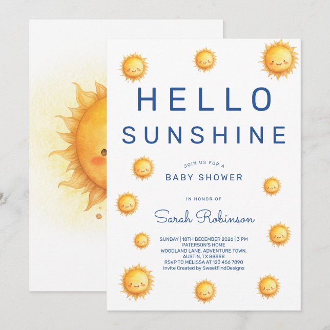 Convites Editable Hello Sunshine Baby Shower (Frente/Verso)