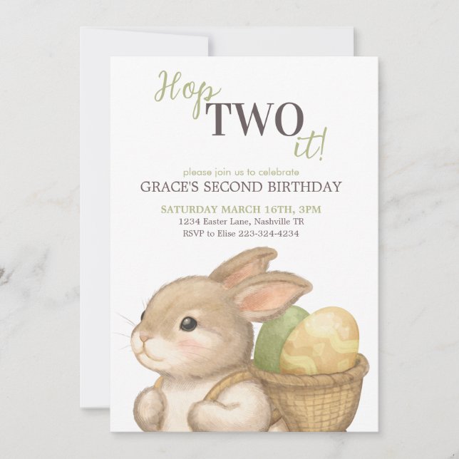 Convites Editable Hop Two It Easter 2nd Birthday Bunny (Frente)