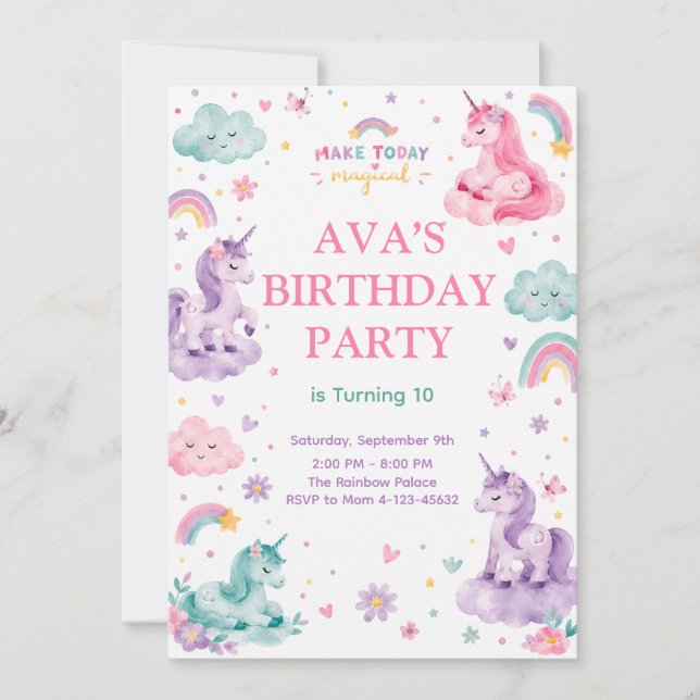 Convites Editable Magical Unicorn Birthday Card (Frente)