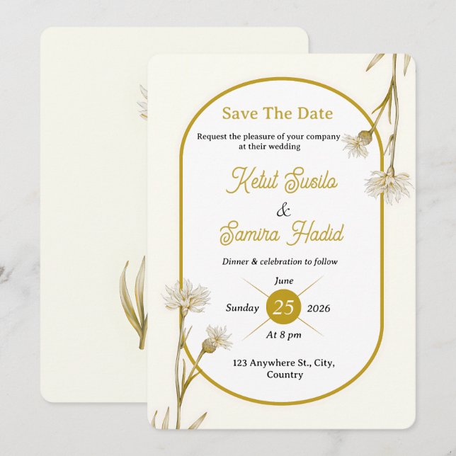 Convites Editable Minimalist Gold Botanical Wedding Invite (Frente/Verso)