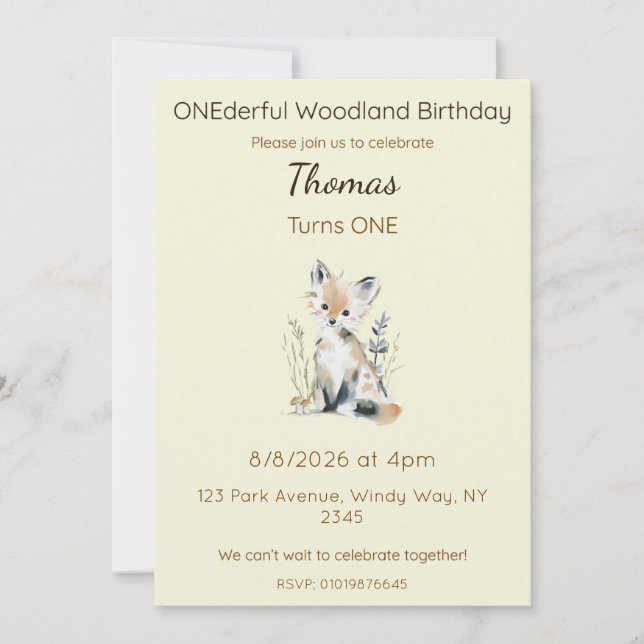 Convites Editable ONEderful Woodland Birthday (Frente)