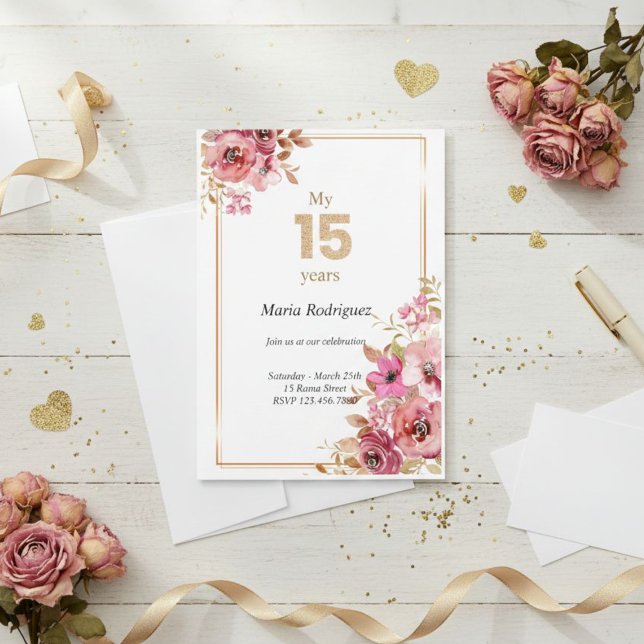Convites Editable Pink and Gold Quinceañera Invitation (Criador carregado)