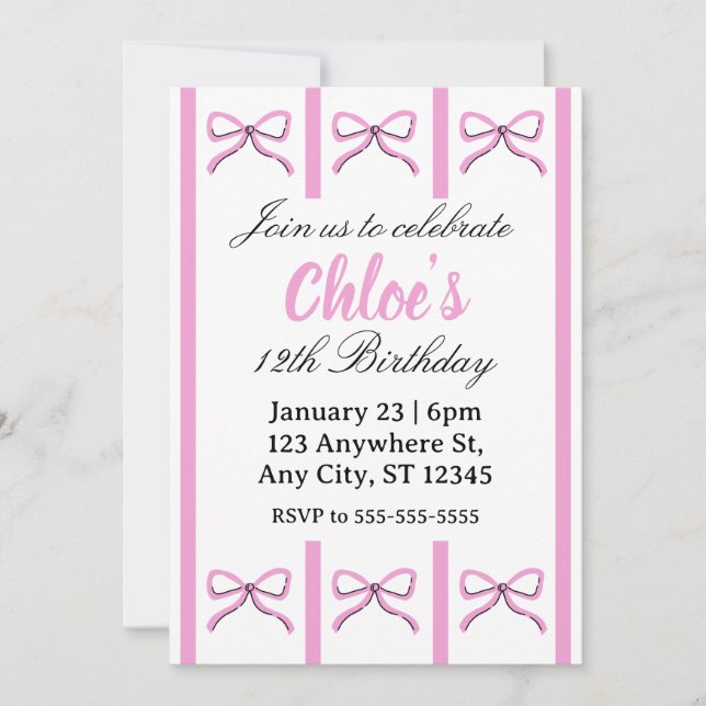 Convites Editable pink bow birthday invite (Frente)