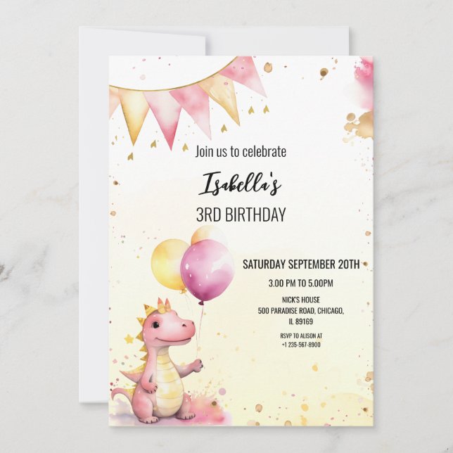 Convites Editable Pink Dragon Birthday Invitation (Frente)