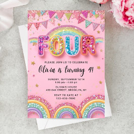 Convites Editable Pink Rainbow Sequin 4th Birthday Invitati