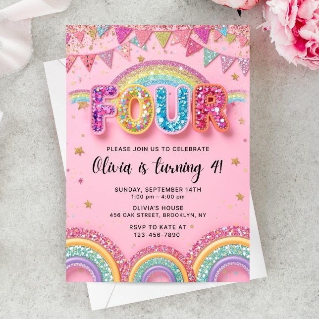 Convites Editable Pink Rainbow Sequin 4th Birthday Invitati (Criador carregado)