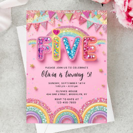 Convites Editable Pink Rainbow Sequin 5th Birthday Invitati