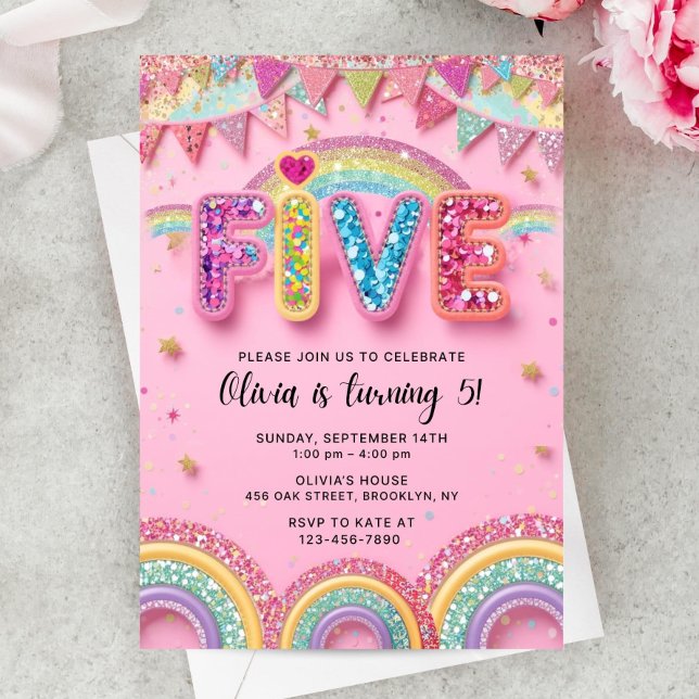 Convites Editable Pink Rainbow Sequin 5th Birthday Invitati (Criador carregado)