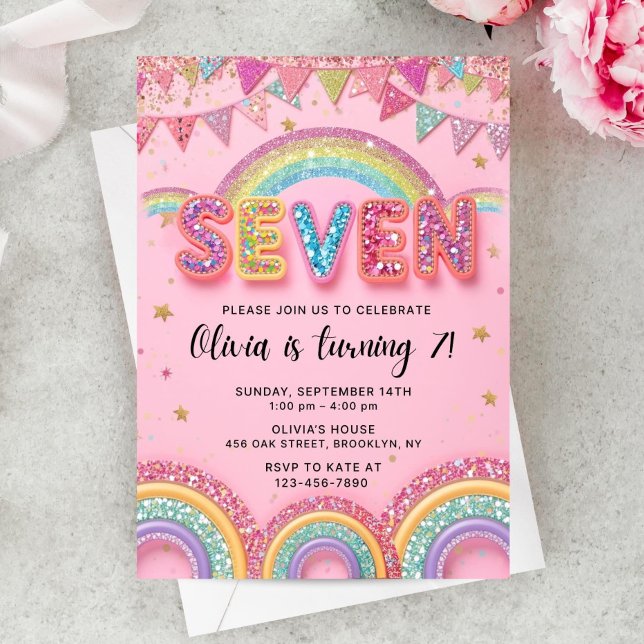 Convites Editable Pink Rainbow Sequin 7th Birthday Invitati (Criador carregado)