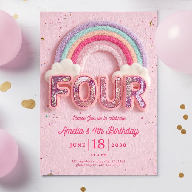 Convites Editable Rainbow Fourth Birthday Invitation, Pink  (Criador carregado)