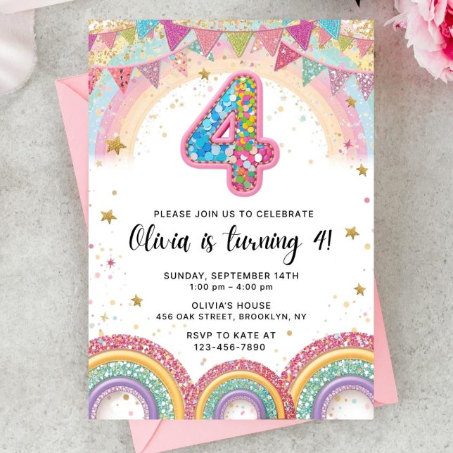 Convites Editable Rainbow Sequin 4th Birthday Invitation (Criador carregado)