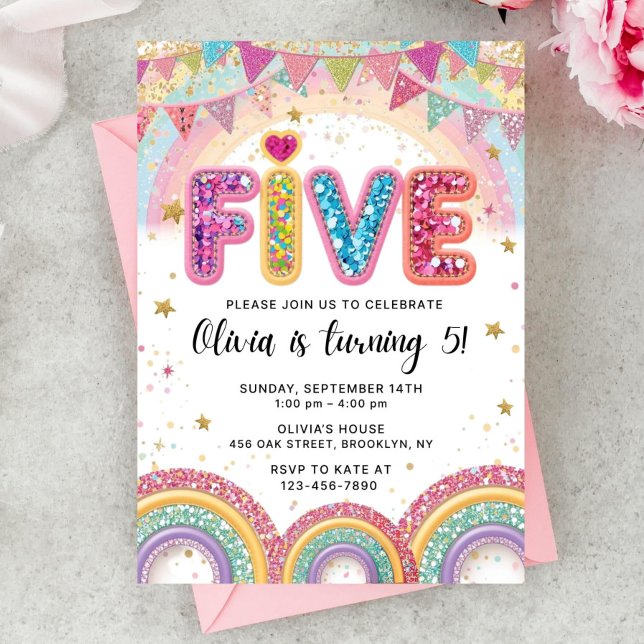 Convites Editable Rainbow Sequin 5th Birthday Invitation (Criador carregado)