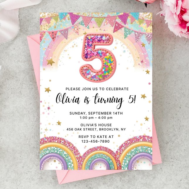 Convites Editable Rainbow Sequin 5th Birthday Invitation (Criador carregado)