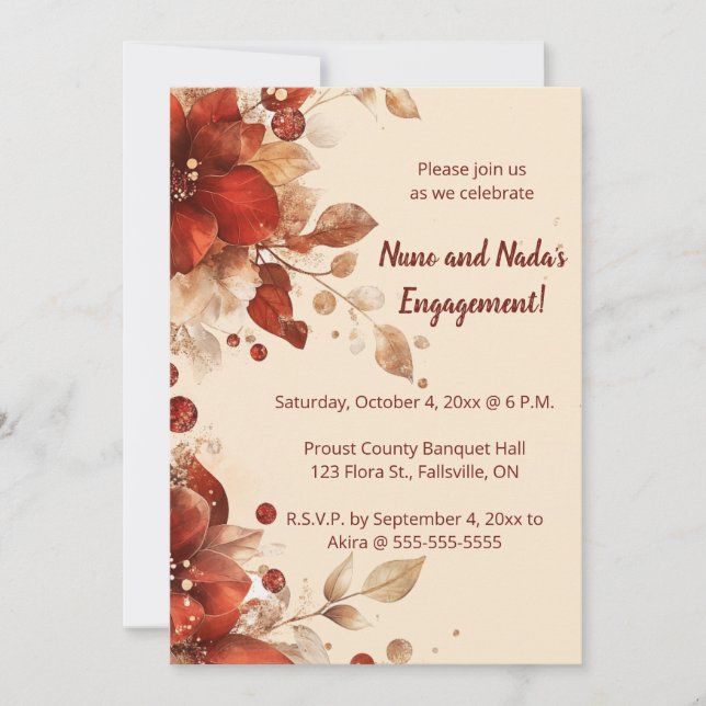 Convites Editable Red Autumn Flowers Engagement (Frente)