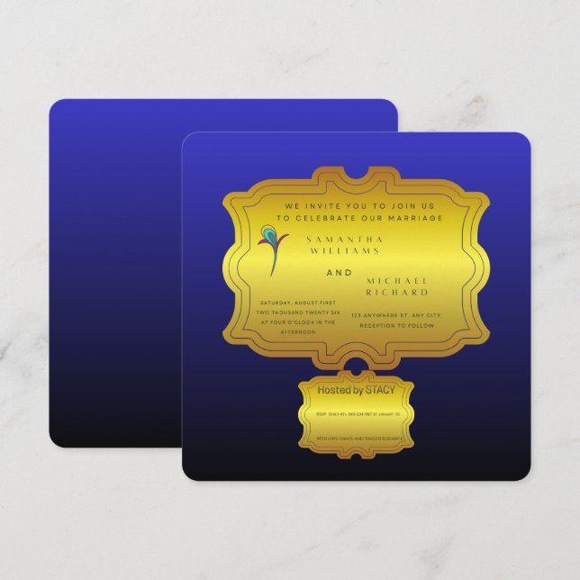 Convites Editable Royal Blue Elegant Wedding Invite | Custo (Frente/Verso)