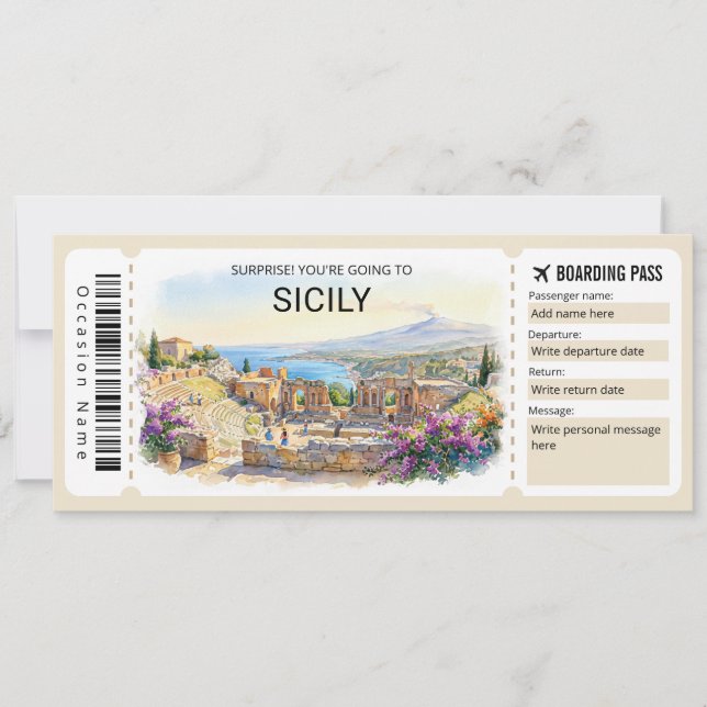Convites Editable Sicily Trip Boarding Pass Ticket (Frente)