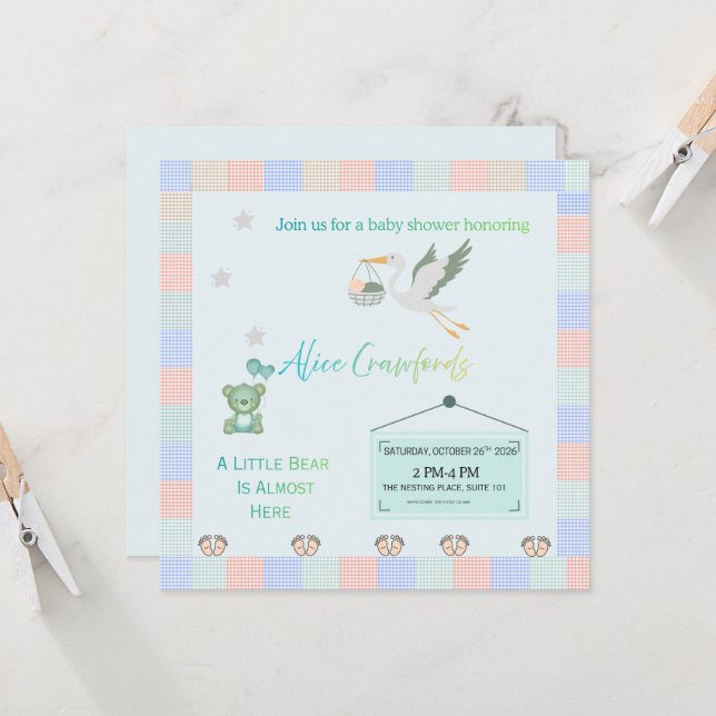 Convites Editable Teddy Bear & Stork Blue Plaid Baby Shower (Frente/Verso In Situ)