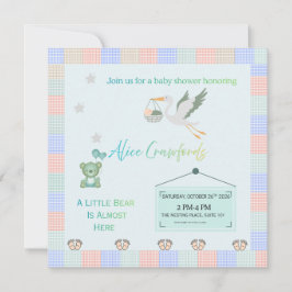 Convites Editable Teddy Bear & Stork Blue Plaid Baby Shower