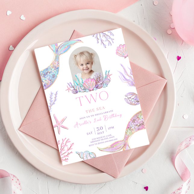 Convites Editable Two The Sea Mermaid Tail Invite Girl Glit (Mermaid Tail 2nd Birthday Invitation With Picture)
