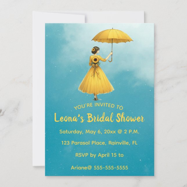 Convites Editable Woman With Yellow Umbrella Bridal Shower (Frente)