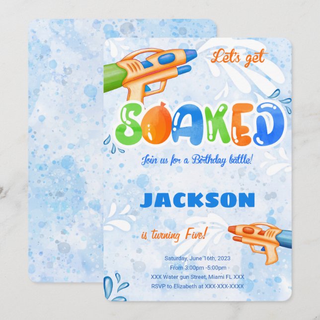 Convites editáveis de pistola de água (Frente/Verso)
