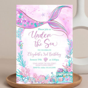 Convites Editável Debaixo do Mar Pequena Sereia Roxo Turque