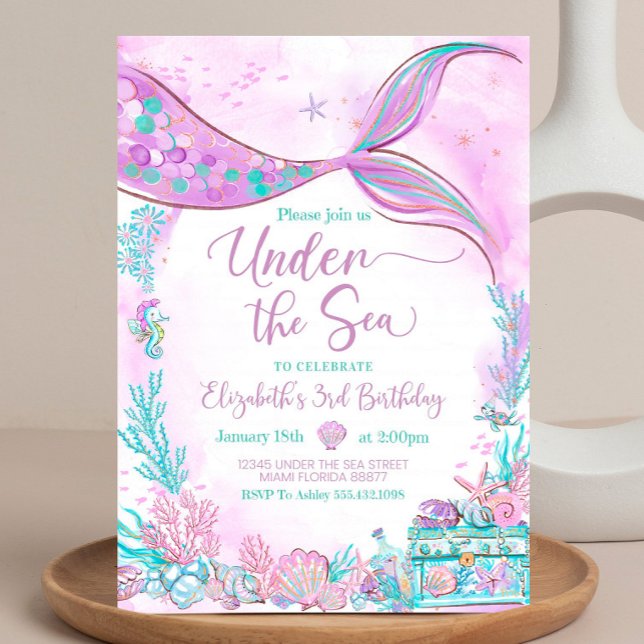 Convites Editável Debaixo do Mar Pequena Sereia Roxo Turque (Criador carregado)