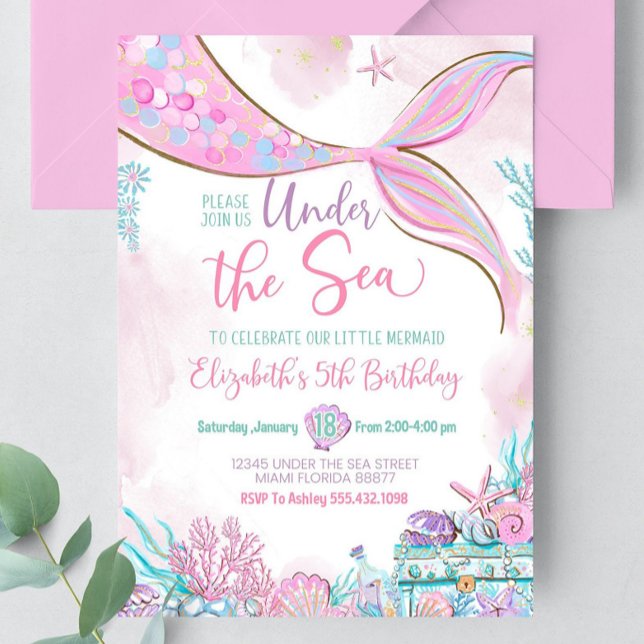 Convites Editável Debaixo do Mar Pequena Sereia Roxo Turque (Criador carregado)