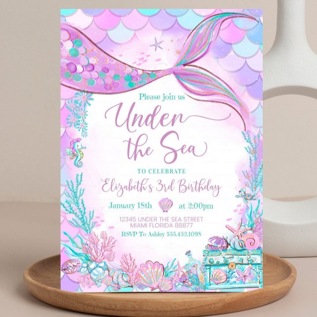 Convites Editável Debaixo do Mar Pequena Sereia Roxo Turque (Criador carregado)