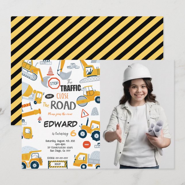 Convites Editável Fechar a foto de Construção da Estrada (Frente/Verso)