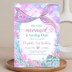 Convites Editável Nossa Pequena Sereia Roxo Azul Turquesa P