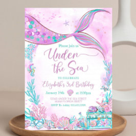 Convites Editável Sob o Mar Pequena Sereia Roxo Turquesa