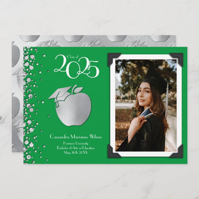Convites Educação de Professores Silver Graduação Verde (Frente/Verso)