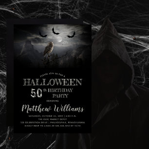 Convites Eerie Owl Bats Night Halloween 50th Festa de anive