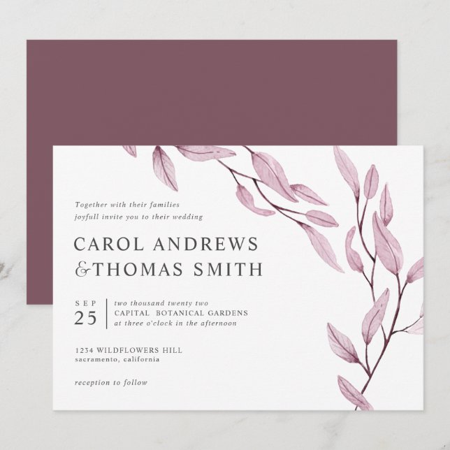 Convites Eethal Burgundy | Casamento Chic Botanic Leaves (Frente/Verso)