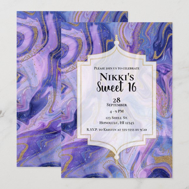 Convites Eethal Cotton Candy Marble Glam Sweet 16 Party (Frente/Verso)