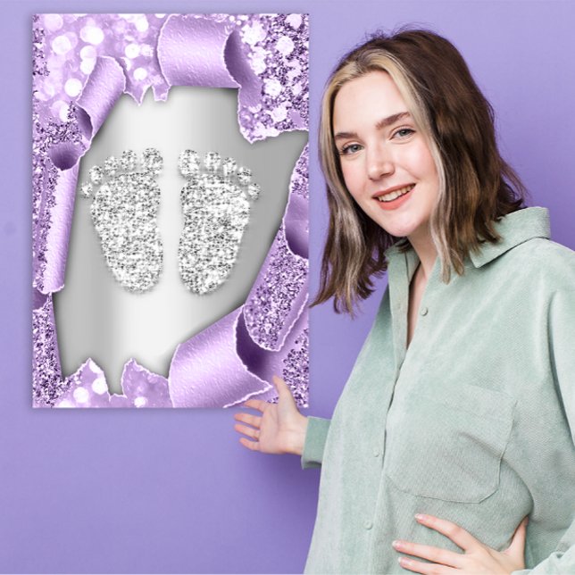 Convites Efeito 3d da Garota dos Pés do Chá de fraldas Púrp (Silver Purple Baby Shower Feet Boy Girl 3d Effect Invitation)