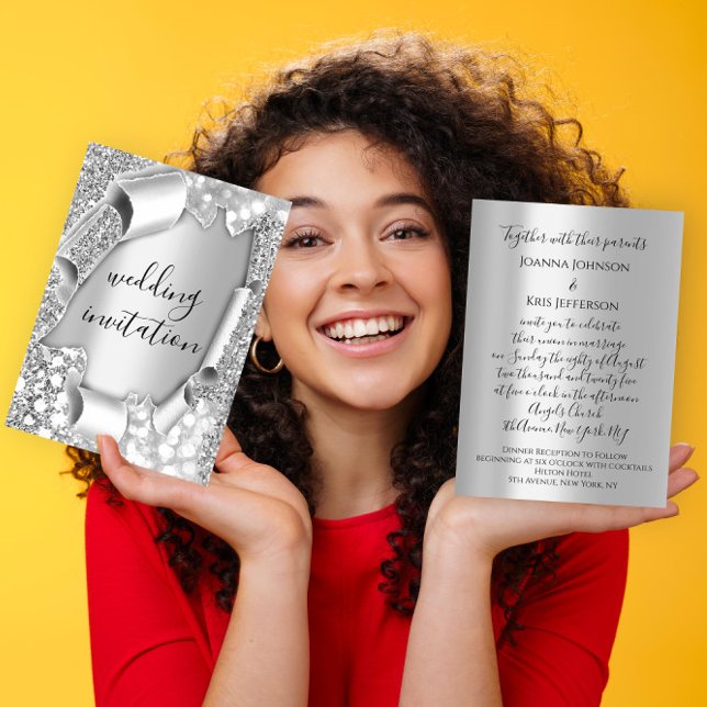 Convites Efeito 3D de Casamento Cinzas Elegantes (Wedding 3D Effect Elegant Gray Silver Glitter Invitation)