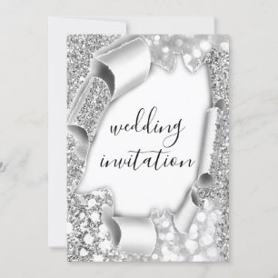 Convites Efeito 3D de Casamento Glitter Silver Branco Elega