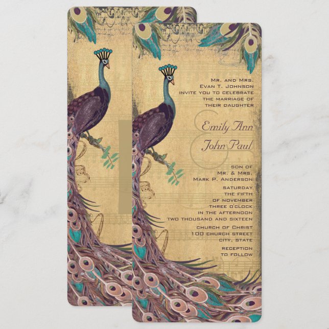 Convites EggPlant Aqua Vintage Peacock Wedding (Frente/Verso)