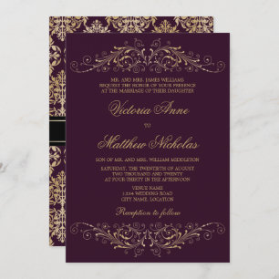 Convites EggPlant Elegante Dourada Flourish Damask