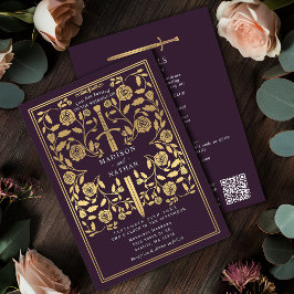 Convites Eggplant Royal Medieval Gold Sword Wedding QR Code