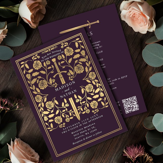 Convites Eggplant Royal Medieval Gold Sword Wedding QR Code (Criador carregado)