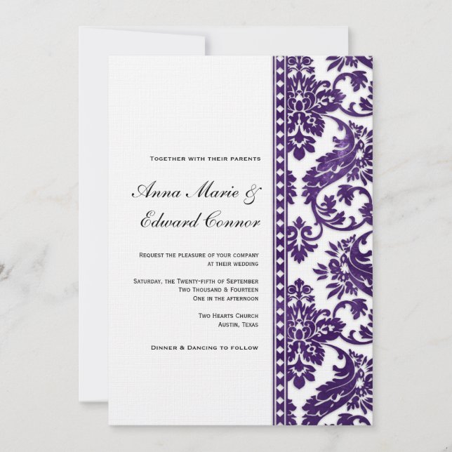 Convites EggPlant Vintage Damask Lace Wedding (Frente)