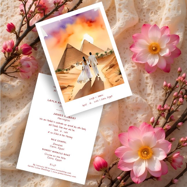 Convites Egypt Pyramids Desert Wedding Couple Illustration (Egypt Pyramids Desert Wedding Couple Illustration Invitation Cards.)