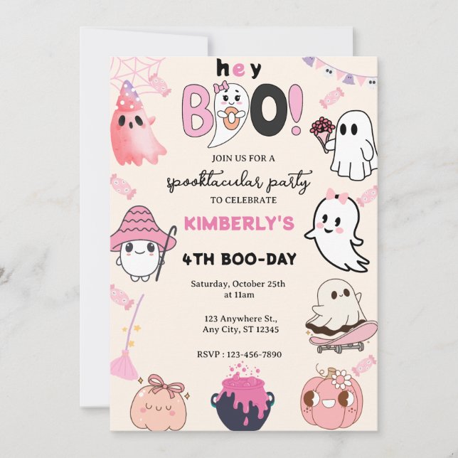 Convites Ei Boo Pink Fantasma Aniversário de Halloween (Frente)