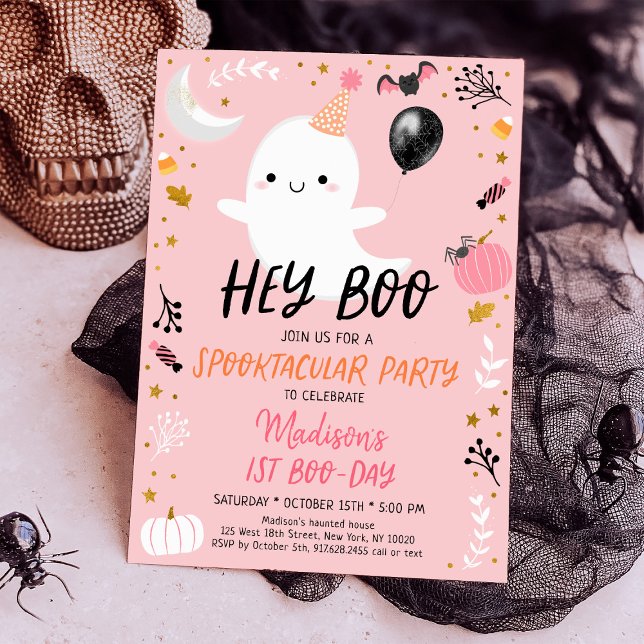 Convites Ei Boo Pink Fantasma Aniversário de Halloween (Criador carregado)