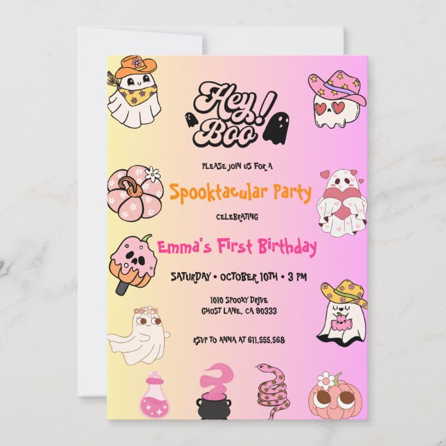 Convites Ei Boo Pink Fantasma Aniversário de Halloween (Frente)