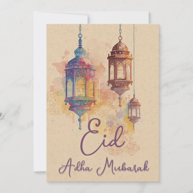 Convites Eid Adha Mubarak Islamic Lanterns Card (Frente)