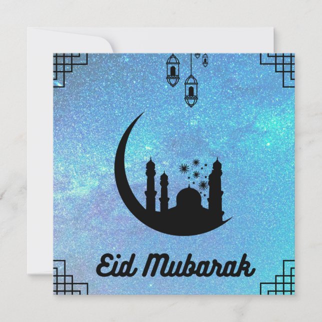 Convites Eid Mubarak Blue Via Látea em Preto Texto Nota Car (Frente)